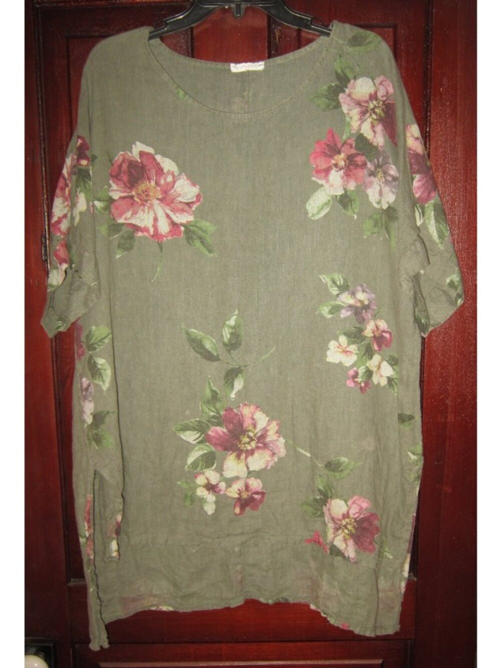 Made In Italy XL L M Tunic Top Shirt Blouse Oversized Floral Print Green Popover